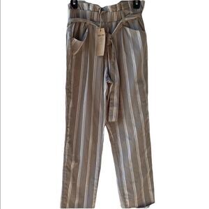 Thread & Supply Women's High Rise Stripes Paperbag Tie-Waist Pants Tan & White